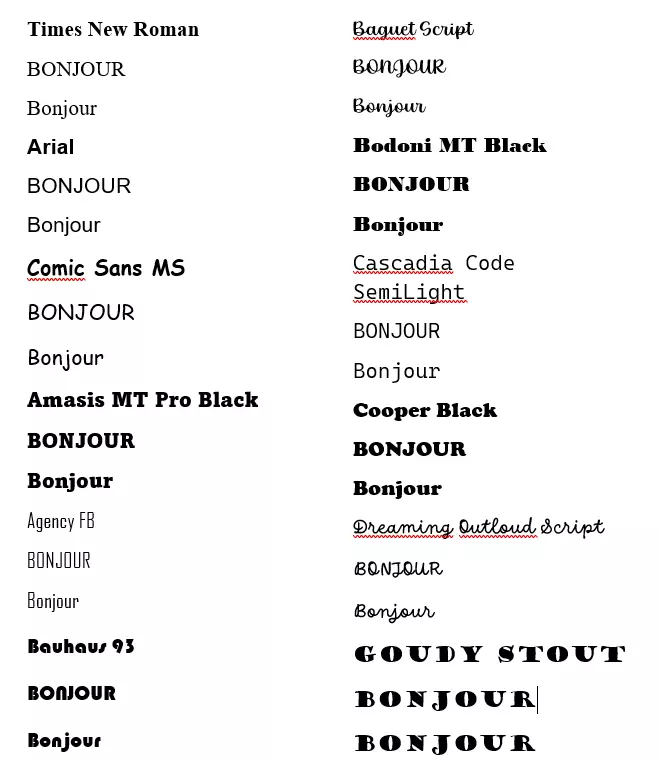 différentes polices de caractères sur word